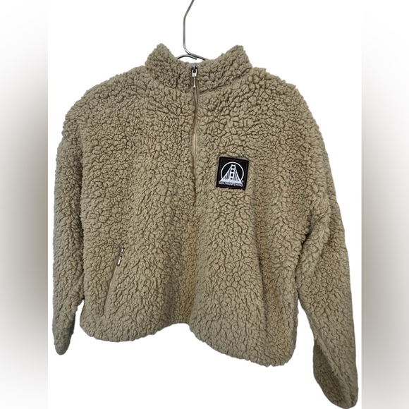 High End San Franpsycho SF Tan Women’s M Crop Fleece Jacket TEAR - Picture 1 of 8
